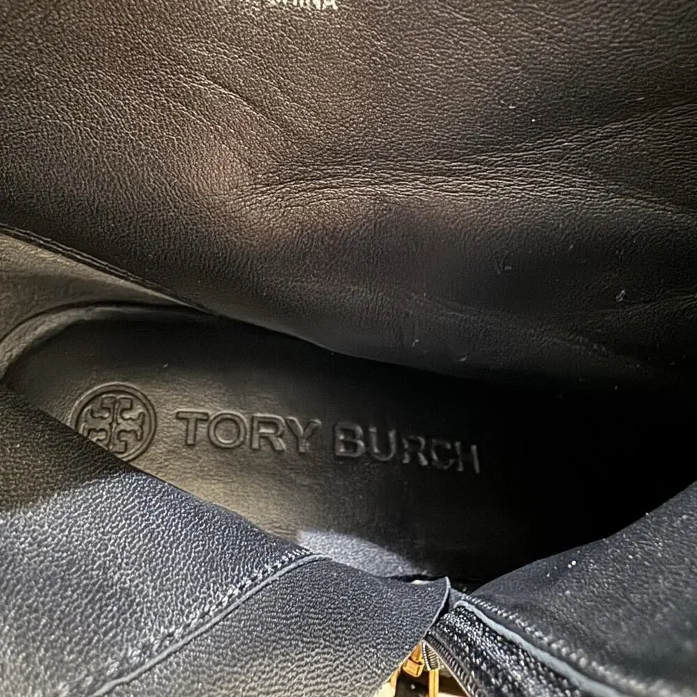 Tory Burch Logo 85mm Lug Sole Wedge Bootie Black Suede R$428 Size 10